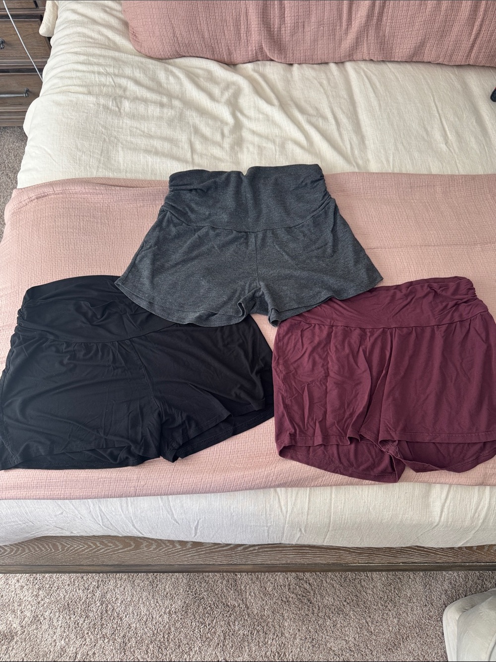 Three Maternity Lounge Shorts - Charcoal, Black, and Burgundy
